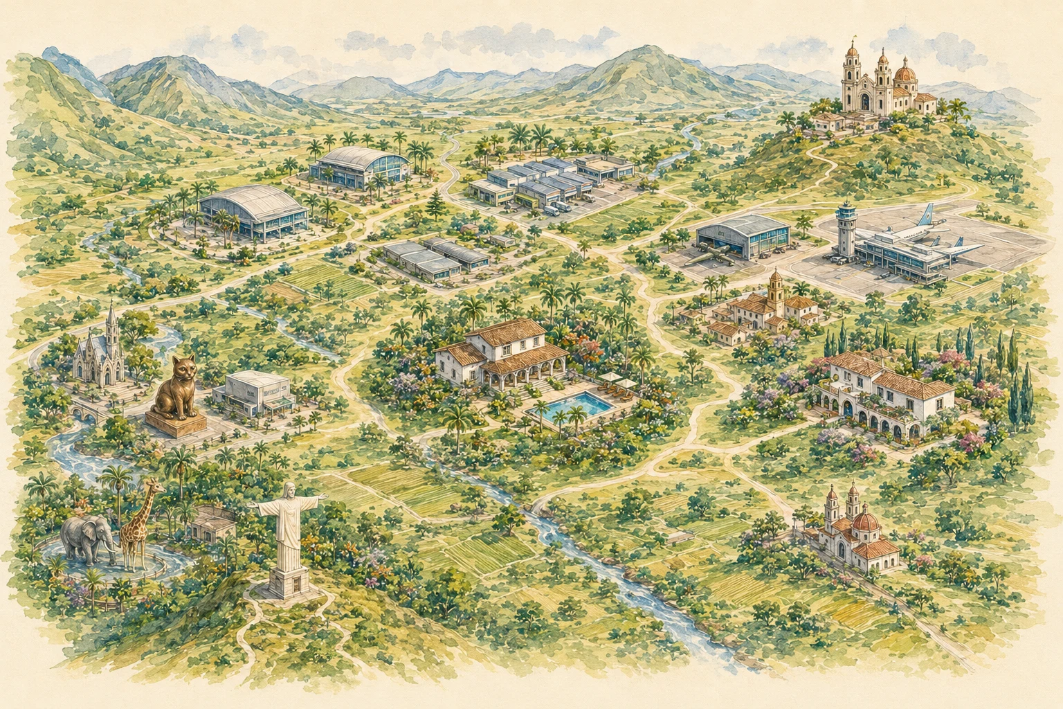 Mapa ilustrado con Hotel Villa Bosco como punto de partida, rutas y lugares de interés del Valle del Cauca